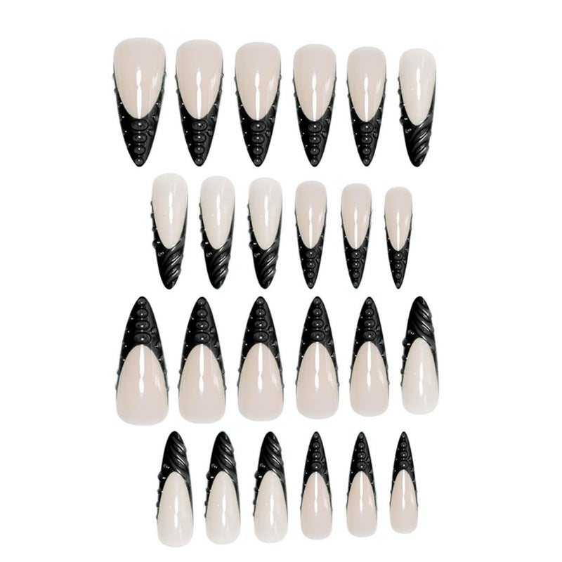SEENEEY Long Press on Nails Stiletto Fake Nails Black French Artificial Nail with 3D Water Droplets Designs Extra Long Glossy Cute Stick on Nail for Women 24pcs - Image 4